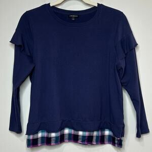 Lane Bryant  Navy Blue and Plaid Layer Shirt Size 14/16 Ruffle Sleeve
